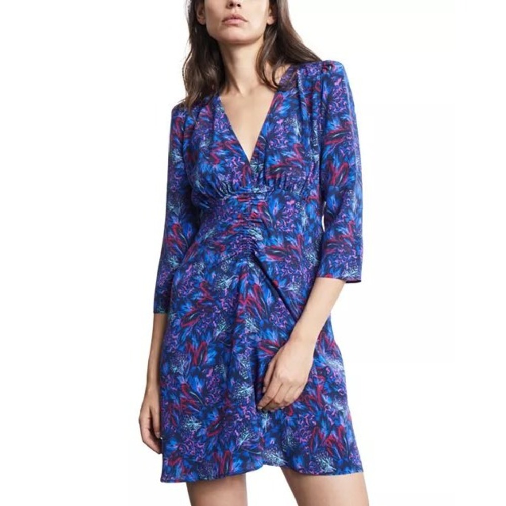 The Kooples Feather Print Blue 3/4 Sleeve Silk Mini Dress Sz US S FR 1 New